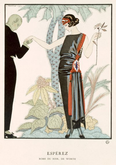 "Gazette du Bon Ton"; Esperez, Worth estélyi ruhája, 1920 körül (színes lithó) alkotó: Georges Barbier
