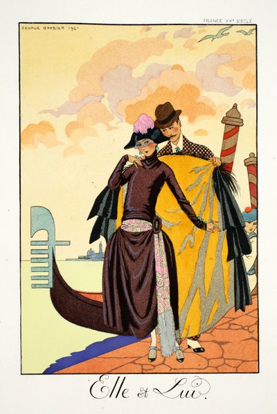 Ő és Ő, a „Falbalas et Fanfreluches, Jelen, Múlt és Jövő módok almanachjából” alkotó: Georges Barbier
