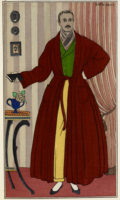 Férfi pongyolában. Illusztráció: George Barbier (1882-1932), a Journal des dames et des modes című folyóiratból. Párizs 1912-1914. The British Library Institution, Reference Shelfmark ID: P.P.5242.dc, pl.96, a 16. oldallal szemben. Férfi öltözőben alkotó: Georges Barbier