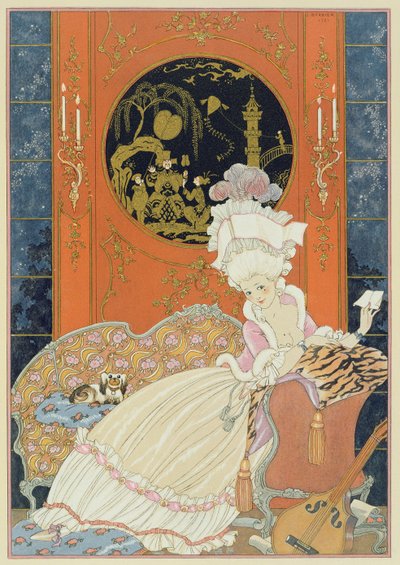 Illusztráció a „Fetes Galantes”-hoz, Paul Verlaine (1844-96) 1928 (stencilnyomat) alkotó: Georges Barbier