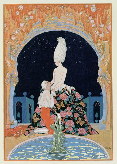 A barlangban, Paul Verlaine (1844-96) „Fetes Galantes” című illusztrációja, 1928 (pochoir print) alkotó: Georges Barbier