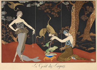 Le gout des lakques. A lakkok íze. Két nő egy lakkozott képernyő előtt. alkotó: Georges Barbier