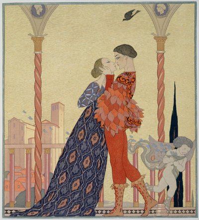 Szerelmesek az erkélyen (akvarell papíron) alkotó: Georges Barbier