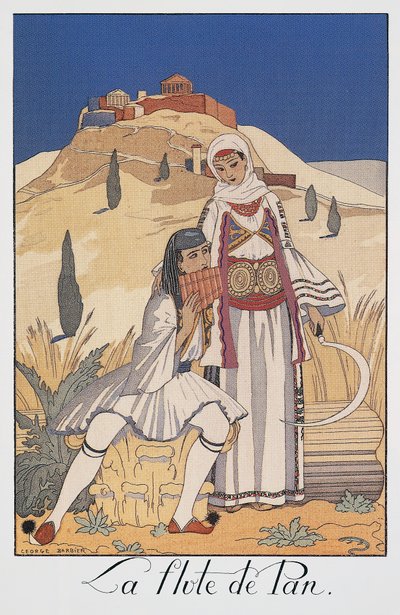 Hagyományos görög viseletet ábrázoló pánfuvolajátékos alkotó: Georges Barbier
