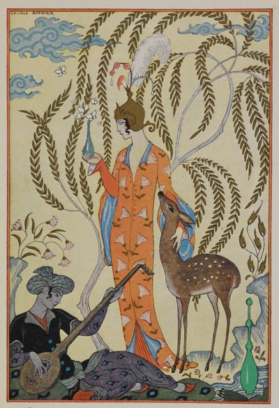 Perzsia. Egy őzbarna nő. Egy zenész. alkotó: Georges Barbier