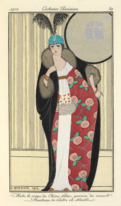 "Fehér krepp de chine ruha rókával szegélyezve. Vidrakabát és hunyó" alkotó: Georges Barbier