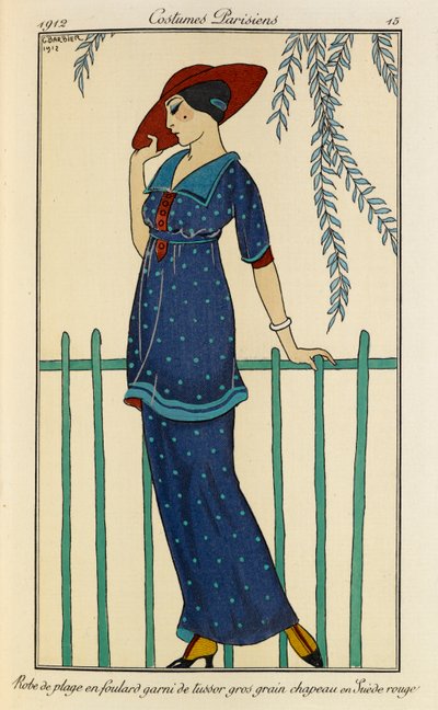 Robe de plage en foulard garni de tussor gros grain chapeau en Suède rouge. Jelmezek Parisiens no.15. Nő, aki strandruhát és nyersselyem sálat visel, foltos kék színben grosgrainnel és piros kalappal. alkotó: Georges Barbier