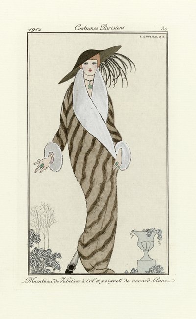 Sable kabát fehér róka díszítéssel, a Costumes Parisienből, 1912. évi pub. (pochoir print) alkotó: Georges Barbier