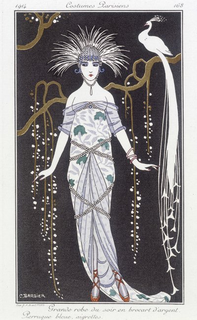 Ezüstbrokát estélyi ruha és paróka - Illusztráció: George Barbier (1882-1932). in "" Journal des dames et des mode: Costumes Parisiens"" alkotó: Georges Barbier