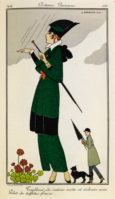 Tailleur de ratine verte et velours noir. Gilet de taffetas fraise. Zöld és fekete selyemből készült, szabott ruhát viselő nő epres selyemmellénnyel. Személy egy kabátban esernyővel és egy kutyával a háttérben. Jelmezek Parisiens. alkotó: Georges Barbier