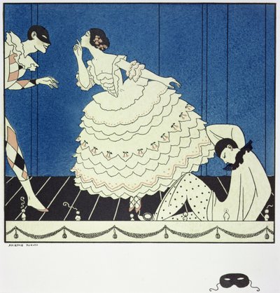 Tamara Karsavina (1885-1978) Columbine-ként, Vaslav Nijinsky (1890-1950) Harlekinként és Adolph Bolm (1884-1951) Pierrot-ként Fokine „Karneváljában” 1910-ben, kocsma. 1914 (pochoir print) alkotó: Georges Barbier