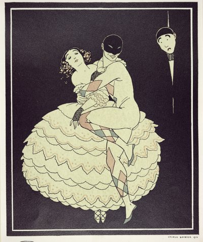 Tamara Karsavina (1885-1978) Columbineként és Vaslav Nijinsky (1890-1950) Harlekinként Fokine „Karneváljában” 1910-ben, kocsma. 1914 (pochoir print) alkotó: Georges Barbier
