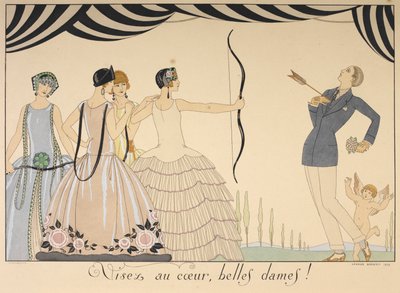 Visez au coeur, belles dames. Cél a szív hölgyek. Egy nő szíven lő egy férfit nyíllal. alkotó: Georges Barbier