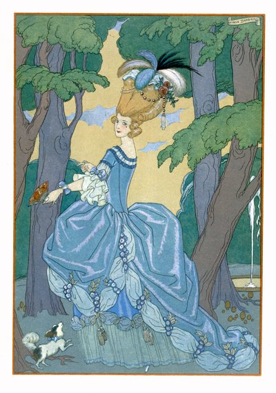 Séta az erdőben, Paul Verlaine (1844-96) „Fetes Galantes” című illusztrációja, 1928 (pochoir print) alkotó: Georges Barbier