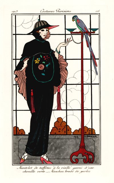 Nő egy régi-taft köpenyben egy papagájjal alkotó: Georges Barbier