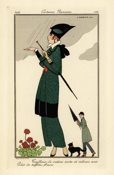 Nő zöld ratine és fekete bársony öltönyben. alkotó: Georges Barbier