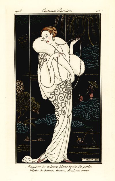 Nő bársony köpenyt, damaszt ruhát és rózsaszín papucsot. alkotó: Georges Barbier