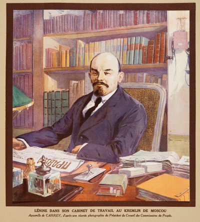 Lenin a moszkvai Kremlben lévő irodájában, a Histoire des Soviets, pub. 1922 (színes litográfia) alkotó: Georges Carrey