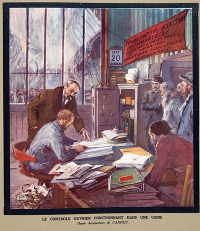 Munkásellenőrzés egy szovjet gyárban az 1917-es forradalom idején, Histoire des Soviets, pub. 1922 (színes litográfia) alkotó: Georges Carrey