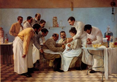 Gyógyszer: "" A burkolat""" Behelyezése egy cső van egy diftériás gyermek. Georges Chicotot festménye (1899 és 1907 között aktív). 20. századi nap. 1,3x1,8 m Musee de l