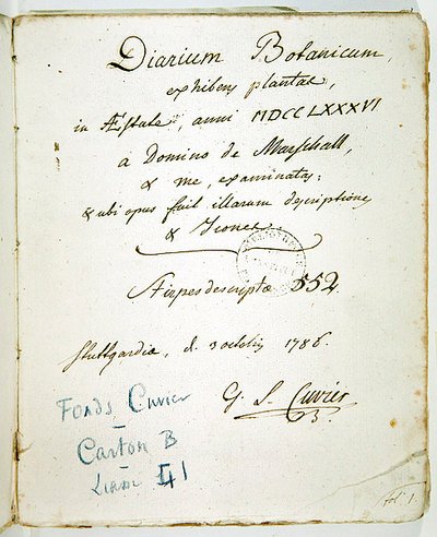 A „Diarium Botanicum” borítólapja Cuvier aláírásával alkotó: Georges Cuvier