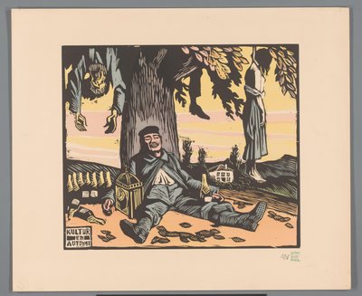 Katona feküdt egy fának akasztott emberekkel Kultur en automne (cím a tárgyon) alkotó: Georges Hermann Rene Paul