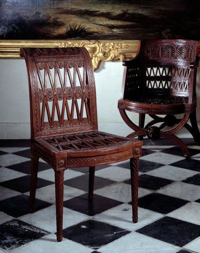 Marie Antoinette tejüzemének megbízott szék. Faragott mahagóni bútorok Georges Jacobtól (1739-1814) alkotó: Georges Jacob