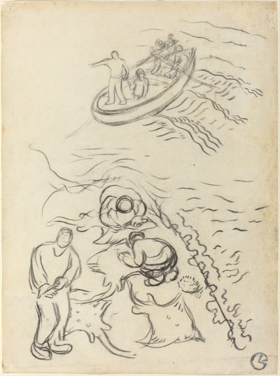 Tanulmány a "Halászoknak" a hálókat ürítő férfiakkal alkotó: Georges Lacombe