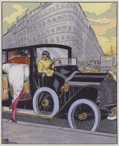 Női divat az 1910-es évekből és egy Lorraine-Dietrich autó. (színes litó) alkotó: Georges Leonnec