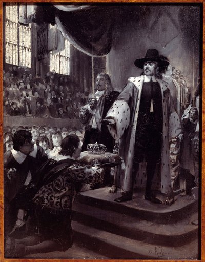 Olivier Cromwell (1599-1658) megtagadta a koronát A Nagy-Britannia Köztársaság Lord Protectorját a Humble Petition és Avis (New Parlament) javasolta 1658-ban. Grisaille fán Georges Antoine Rochegrosse (1859-1938) XIX. . alkotó: Georges Marie Rochegrosse
