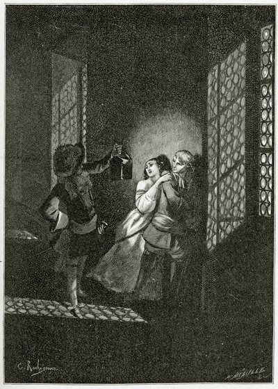 A szerelmeseket, Ethelt és Ordenert elkapja d’Alpheld hadnagy - illusztráció a Han d’Islande-ből, 19th Century (bw metszet) alkotó: Georges Marie Rochegrosse