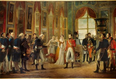 I. Napóleon (1769-1821) Saint-Cloudban fogadta a Senatus-Consulte-t, aki 1804.05.18-án a franciák császárává kiáltotta ki (Josephine császárnő mögött lánya, Hortense és sógornője, Marie-Annonciade, Caroline Bonaparte (1782-1839)). Je alkotó: Georges Rouget