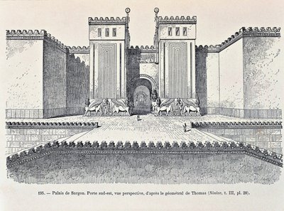 A Sargon-palota délkeleti kapujának rekonstrukciója Dur-Sarrukinban ("Sargon erőd"), ma Khorsabad (rézkarc) alkotó: Georges and Chipiez Charles Perrot