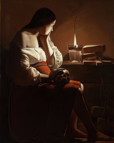 Mária Magdolna susogó lánggal. 1638-40 körül alkotó: Georges de La Tour