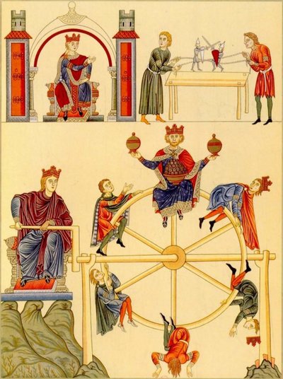 Harcoló lovag-bábok és szerencsekerék a Hortus Deliciarumból, Landsbergi Herrad, 1167-85 (27665671887) alkotó: Georgia Levan Ramishvili from Tbilisi