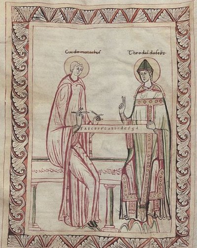 Arezzói Guido és Tedald püspök monochordon dolgoznak, 11. századi miniatúra (21954743795) alkotó: Georgia Levan Ramishvili from Tbilisi