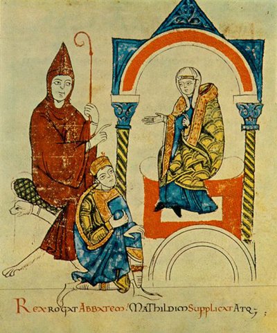 IV. Henrik király - Szent Római császár - imádkozik a clunyi Hugh apáthoz és könyörög a kanosszai Matildához, a Vita Mathildisból, 1115 körül (34295963116). alkotó: Georgia Levan Ramishvili from Tbilisi