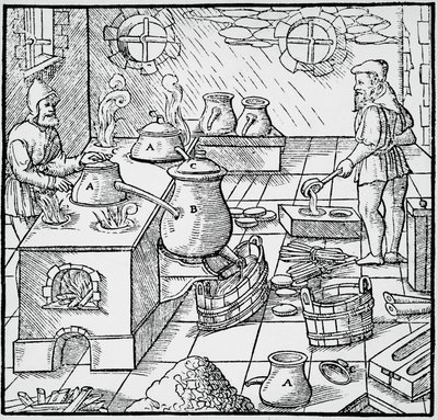 Metszet a De re metallica-ból (A fémek természetéről), Georg Pawer vagy Georgius Agricola (1494-1555) Bázelben jelent meg alkotó: Georgius Agricola