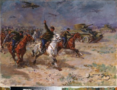 Támadás (a Vörös Hadsereg harckocsijai és lovassága az októberi forradalom idején) - Támadás - George (Georgy, Georgi) Konsztantyinovics Savitsky (1887-1949) festménye, olaj, vászon alkotó: Georgiy Konstantinovich Savitsky