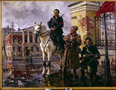 1917. októberi orosz forradalom: ""október első napjai"" (október első napjai). A szentpétervári Téli Palota elfoglalása 1917. október 25-én, a Vörös Gárda és a bolsevikok által vezetett támadás. George festménye (Georgy, Georgi) alkotó: Georgiy Konstantinovich Savitsky