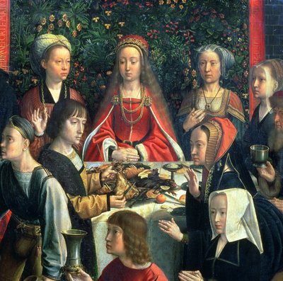 The Marriage at Cana, részlet a menyasszonyról és a környező vendégekről, olajtáblás részlet a 94324-ből alkotó: Gerard David