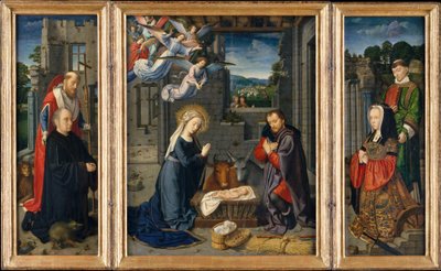 Születés adományozókkal és szentekkel, Jeromos és Leonárd, 1510–1515 körül (olaj, vászon) alkotó: Gerard David