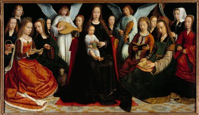 Szűz a szentek között Előtte: Szent Dorottya, Szent Katalin, Szent Ágnes, Szent Fausta, Szent Apolló (vagy Apollónia), Szent Godeline, Szent Cecile, Szent Barbe, Szent Lucia, hátul: Gerard David és felesége, Cornelie és két zenészek angyalok. alkotó: Gerard David