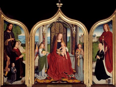 A Sedano család triptichonja: középen a Szűz és a Gyermek két zeneangyal között, bal oldalon Sedanoi János és fia Keresztelő Szent János által bemutatott, jobb oldalon felesége és Szent János evangélista. Gerard David festménye alkotó: Gerard David