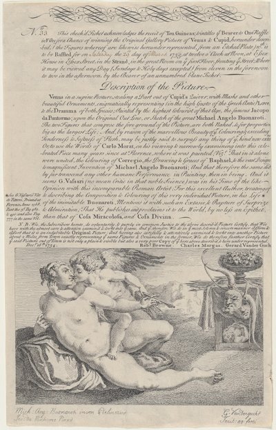 Tombolajegy Vénusz és Ámor Michelangelo utáni festményére, 1734. alkotó: Gerard Vandergucht