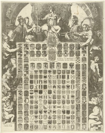 III. Willem herceg címerei allegorikus keretben Az oraenjeni herceg stb. nemi fegyverei és a 7 Egyesült Hollandia fegyverei városaival stb. (cím a tárgyon) alkotó: Gerard de Lairesse