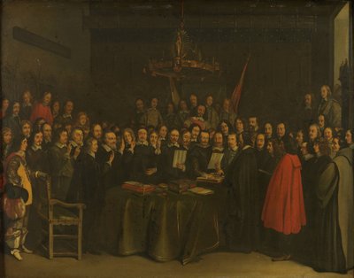 A Spanyolország és a Holland Köztársaság között létrejött münsteri béke ratifikálása a münsteri városházán, 1648. május 15. alkotó: Gerard ter Borch (II) (copy after)