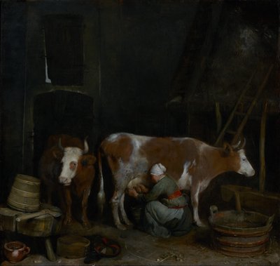 Egy szolgálólány tehenet fej egy pajtában alkotó: Gerard ter Borch