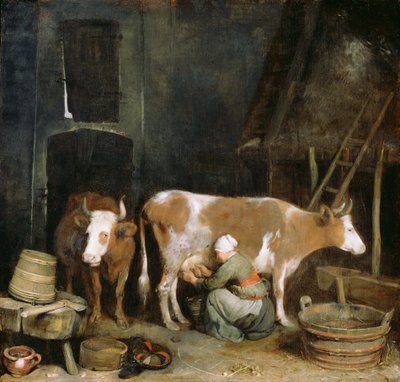 Egy cseléd, aki tehenet fej az istállóban alkotó: Gerard ter Borch