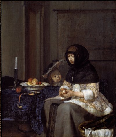Almát hámozó anya (olaj, vászon alkotó: Gerard ter Borch